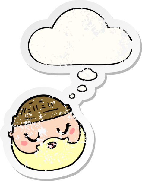 Düşünce baloncuklu sakallı karikatür erkek yüzü bir insan tarafından çizilmiş yıpranmış bir çıkartma gibi.