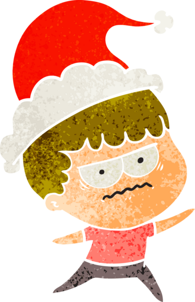 Bir insan tarafından çizilmiş Noel Baba şapkası giymiş sinirli bir adamın el çizimi karikatürü.