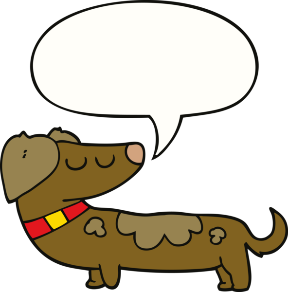 Bir insan tarafından çizilmiş konuşma balonu olan çizgi film köpeği.