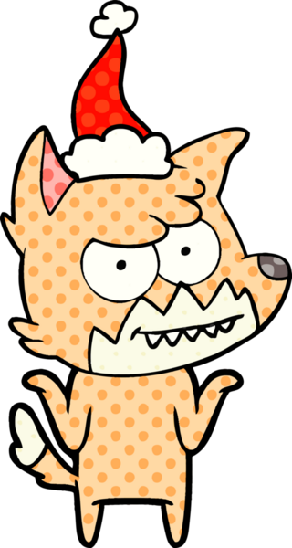 Bir insan tarafından çizilmiş Noel Baba şapkası giymiş bir tilkinin el çizimi çizgi roman tarzı çizimi.