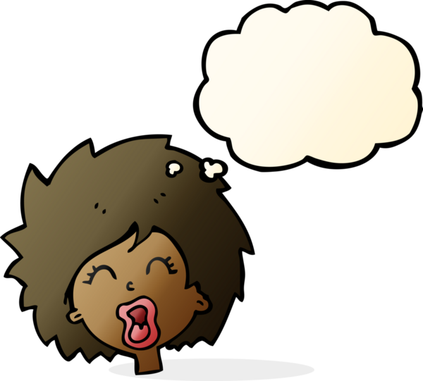 Bir insan tarafından çizilmiş düşünce baloncuğuyla çığlık atan çizgi film kadını.