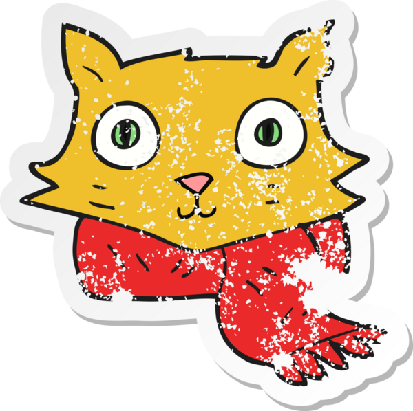 Bir insan tarafından çizilmiş eşarp takan bir çizgi film kedisinin gerilimli retro yapıştırması.