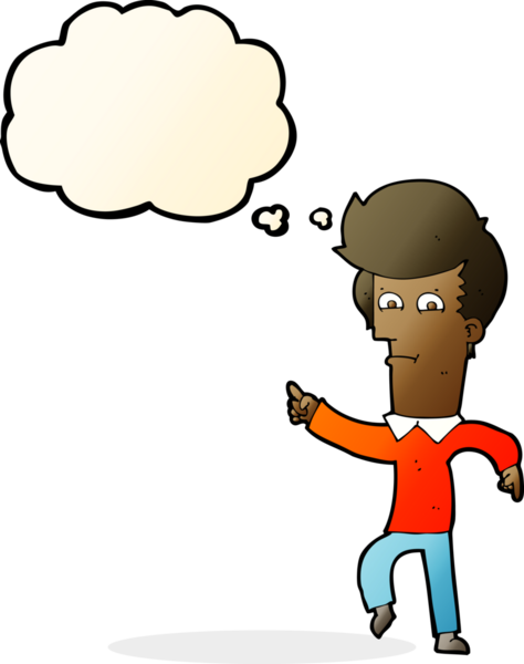 Bir insan tarafından çizilen düşünce baloncuğuyla işaret eden çizgi film adamı.