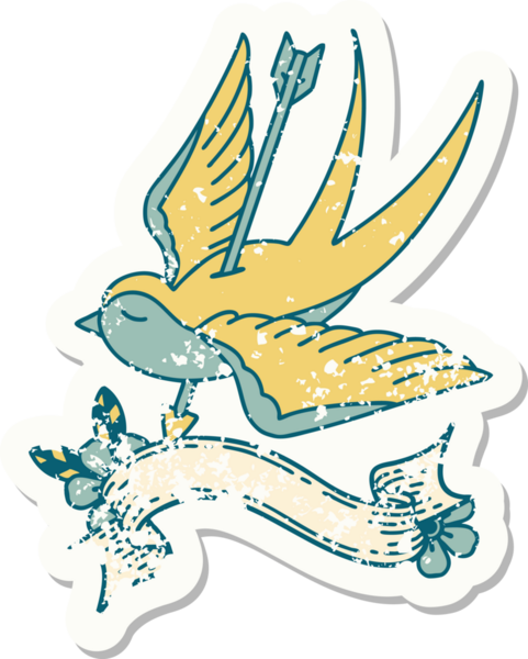 Üzerinde kırlangıç sancağının bayrağı olan eski bir çıkartma. Bir insan tarafından çizilmiş bir okla fırlatılmış.