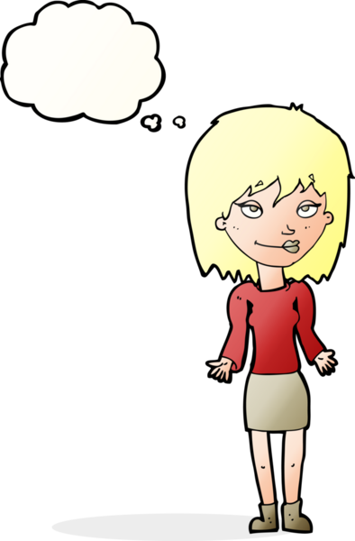 Bir insan tarafından çizilmiş düşünce baloncuğuyla omuz silken çizgi film kadını.