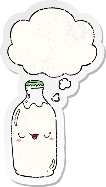 Düşünce baloncuğu olan tatlı çizgi film süt şişesi insan tarafından çizilmiş yıpranmış bir çıkartma gibi.