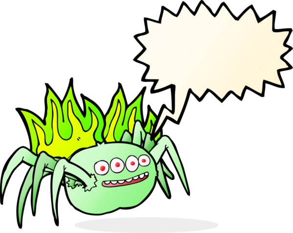 Bir insan tarafından çizilmiş konuşma baloncuğu olan karikatürlü korkunç örümcek.