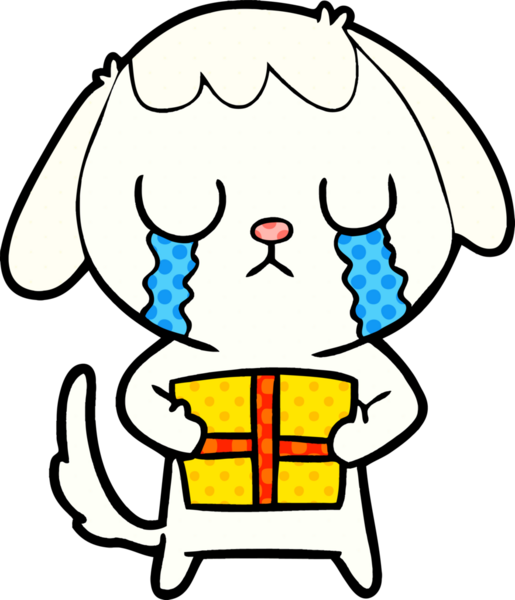 Bir insan tarafından çizilmiş Noel hediyesi olan sevimli bir çizgi film köpeği.