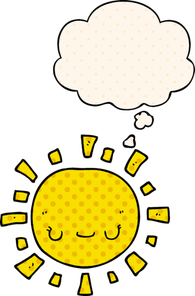 Bir insan tarafından çizilmiş çizgi roman tarzında düşünce baloncuklu çizgi film güneşi.