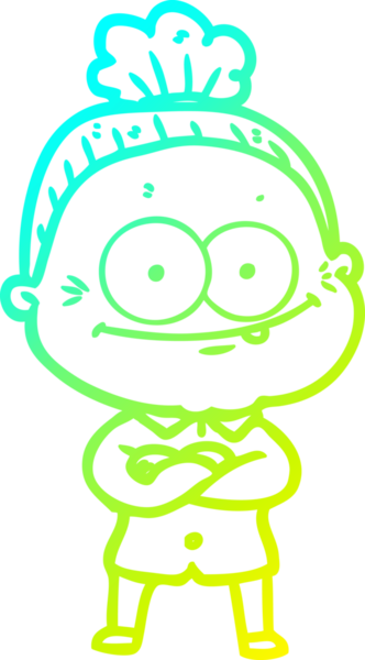 Bir insan tarafından çizilmiş, mutlu, yaşlı bir kadının çizimi.