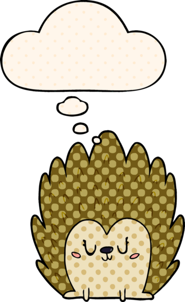 Çizgi roman tarzında bir insan tarafından çizilmiş düşünce baloncuğu olan şirin bir kirpi.