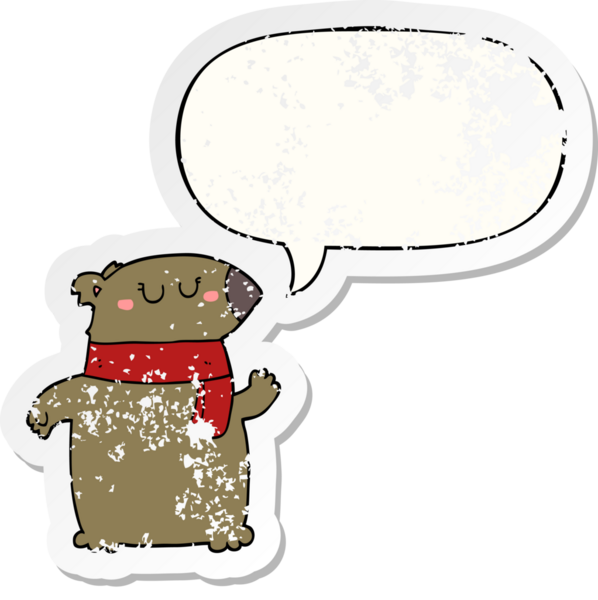 Bir insan tarafından çizilmiş, sıkıntılı, yaşlı bir çıkartma, konuşma balonlu bir eşarpla çizgi film ayısı.