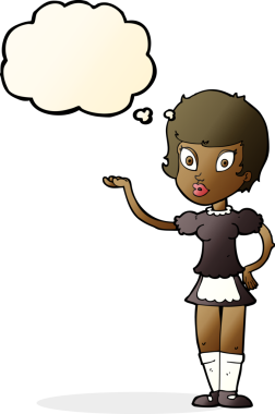 Bir insan tarafından çizilmiş düşünce kabarcığı olan çizgi film garsonu.