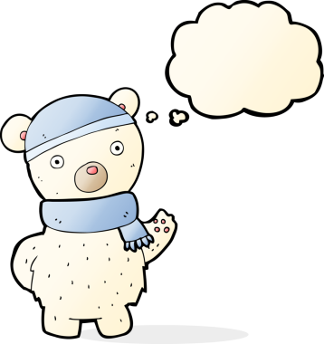 Karikatür kutup ayısı şapkalı ve şallı bir insan tarafından çizilmiş düşünce baloncuklu.