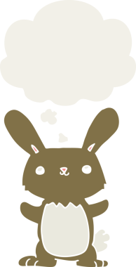 Bir insan tarafından çizilmiş düşünce baloncuklu sevimli çizgi film tavşanı.