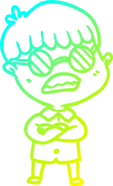 Bir insan tarafından çizilmiş gözlük takan çapraz kollu bir çizgi film çocuğu çizimi.