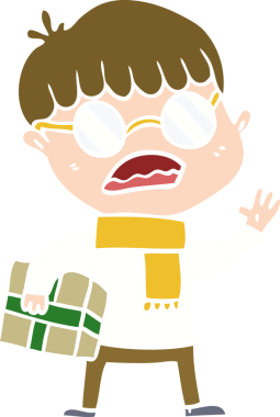 Düz renkli çizgi film çocuğu elinde hediye tutuyor ve bir insan tarafından çizilmiş gözlük takıyor.