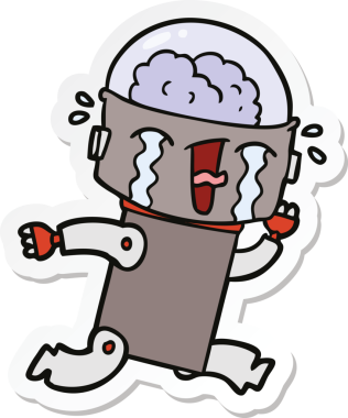 Bir insan tarafından çizilmiş ağlayan bir robot çıkartması.