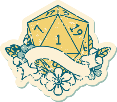 Bir insan tarafından çizilmiş doğal bir d20 zarının grunge çıkartması.