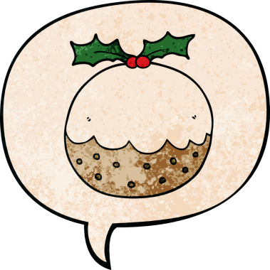 Karikatür noel pudingi, konuşma baloncuğu ile retro doku şeklinde bir insan tarafından çizilmiş.