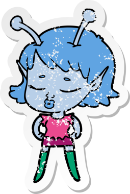 Bir insan tarafından çizilmiş sevimli bir uzaylı kız çizgi filminin sıkıntılı çıkartması.