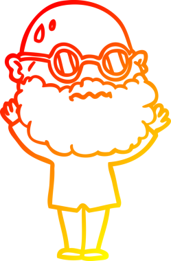 Bir insan tarafından çizilmiş sakallı ve gözlüklü endişeli bir çizgi film karakteri.