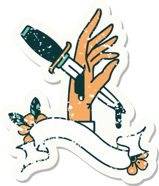 Bir insan tarafından çizilmiş bir hançerin bayrağını taşıyan eski bir etiket.