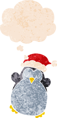 Hoş bir noel pengueni grunge 'da düşünce baloncuğu olan kederli eski moda bir insan tarafından çizilmiş.