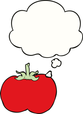 Bir insan tarafından çizilmiş düşünce baloncuklu domates.