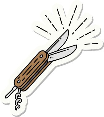 Bir insan tarafından çizilmiş dövme stili katlanır bıçak çıkartması.