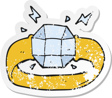 Bir insan tarafından çizilmiş büyük bir mücevher olan karikatür yüzüğünün gerilimli etiketi.