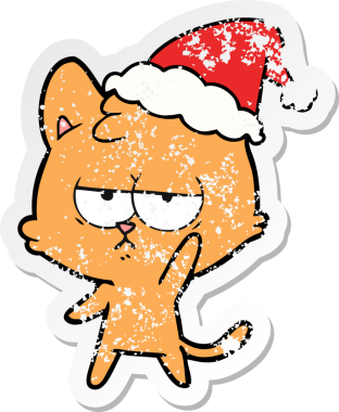 Bir insan tarafından çizilmiş Noel Baba şapkası giyen bir kedinin sıkıntılı el çizimi çıkartması.