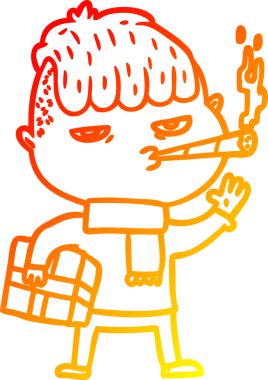 Bir insan tarafından çizilmiş bir Noel hediyesi taşıyan çizgi film karakteri çizimi.