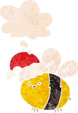 Şirin çizgi film arısı Noel şapkası takıyor. Düşünce baloncuğu ve grunge desenli hüzünlü bir insan stili çiziyor.