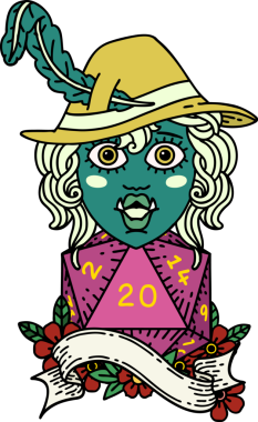 Retro Dövme Tarzı Şarkı Söyleyen Yarı Ork Ozan Bir insan tarafından çizilmiş doğal yirmi zar ile