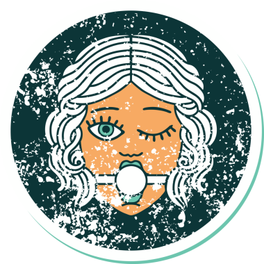 Bir insan tarafından çizilmiş top şakası takan, göz kırpan bir kadın yüzü.