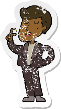 Çizgi film karakterinin gerilimli retro yapıştırması. Havalı adam bir insan tarafından çizilmiş parmaklar.