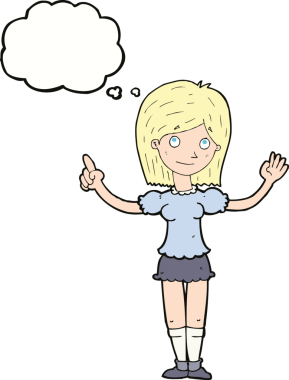 Bir insan tarafından çizilmiş düşünce baloncuğuyla fikri açıklayan çizgi film kadını.