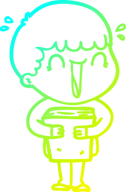 Bir insan tarafından çizilmiş kitabı tutan gülen bir çizgi film karakterinin soğuk gradyan çizgisi.