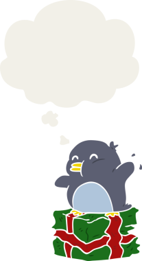 Bir insan tarafından çizilmiş düşünce baloncuğu olan penguen çizgi filmi.