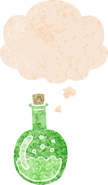 Düşünce baloncuklu çizgi film iksiri grunge sıkıntılı retro desen tarzı bir insan tarafından çizilmiş