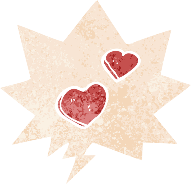 karikatür aşk kalpleri, konuşma baloncuğu ile grunge sıkıntılı retro stil bir insan tarafından çizilmiş