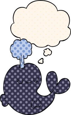 Bir insan tarafından çizilmiş çizgi roman tarzında düşünce baloncuğu olan şirin bir balina.