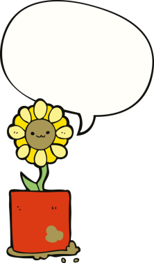 Bir insan tarafından çizilmiş konuşma baloncuğu olan sevimli bir karikatür çiçeği.