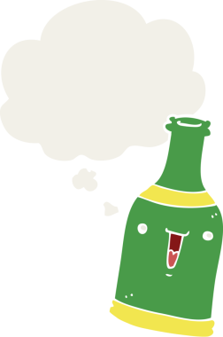 Düşünce baloncuklu çizgi film bira şişesi insan tarafından çizilmiş.