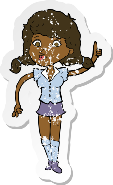 Bir insan tarafından çizilmiş, karikatürlü, kederli, güzel bir kadının retro yapıştırması.