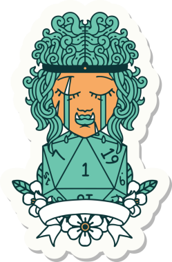 Ağlayan bir ork barbar karakterinin çıkartması. Bir insan tarafından çizilmiş doğal bir D20 rulosu.