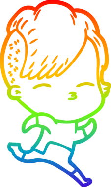 Gökkuşağı gradyan çizgi çizimi. Bir insan tarafından çizilmiş fütürist kıyafetler giyen bir kız çizimi.