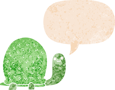 Grunge 'da konuşma baloncuğu olan sevimli çizgi film kaplumbağası bir insan tarafından çizilmiş tedirgin geçmiş dokuma tarzı.