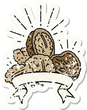 Bir insan tarafından çizilmiş eski dövme stili ceviz etiketi.